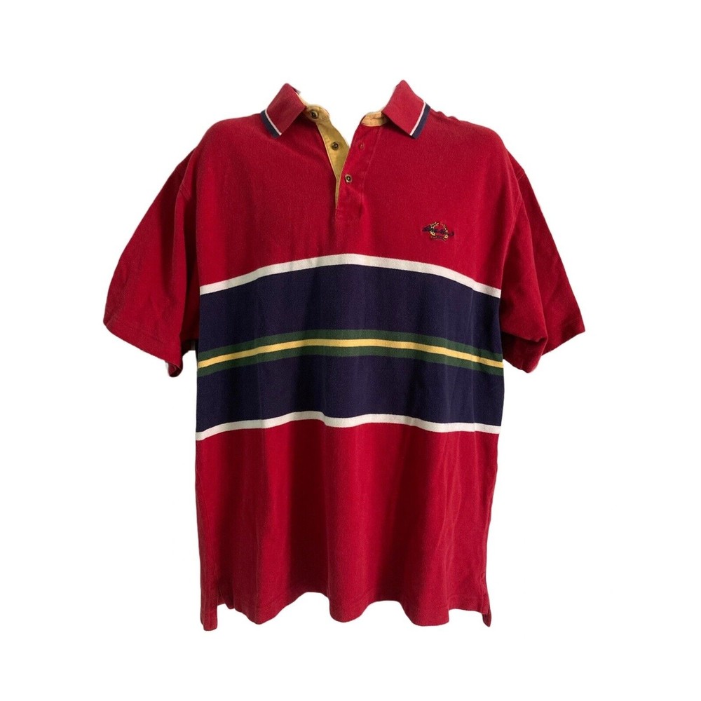 Vintage 90's Ebtek Eddie Bauer Mens Sz L Red- Striped Polo Shirt Crest Logo